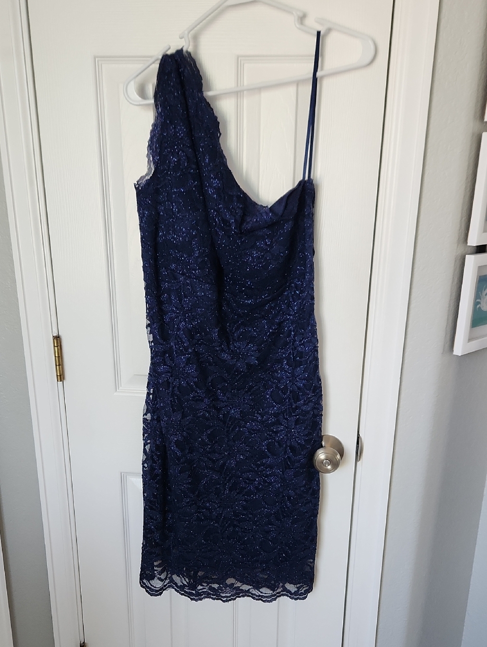 Navy One-Shoulder Lace Evening Dress